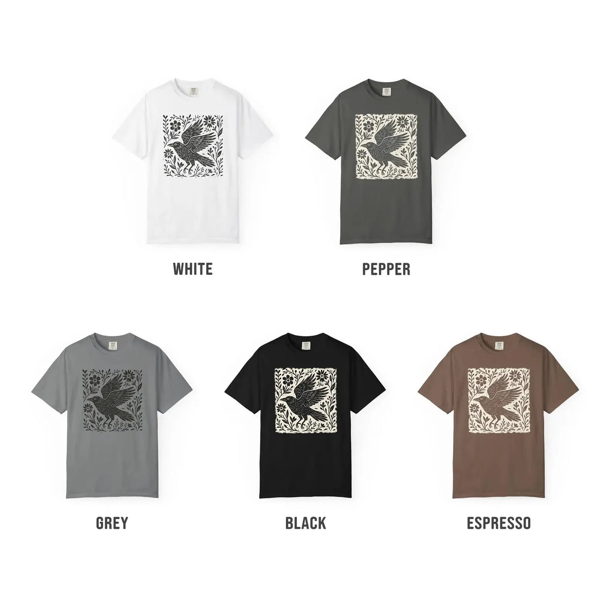 Folklore Crow Lino Print Cotton T-Shirt Folk Art Linocut