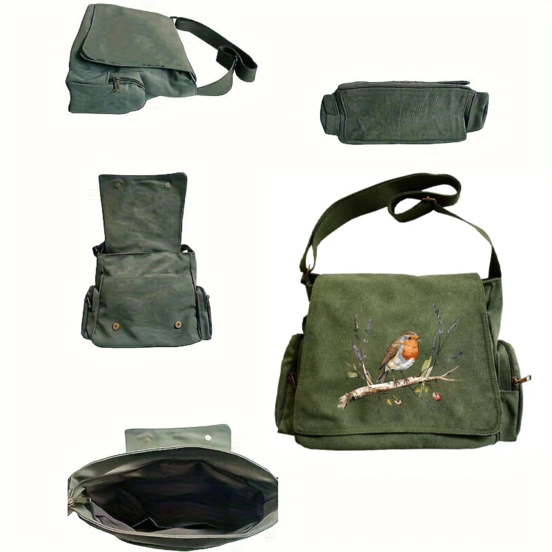 Woodland Sparrow Print Canvas Shoulder Bag Crossbody Messenger Bag