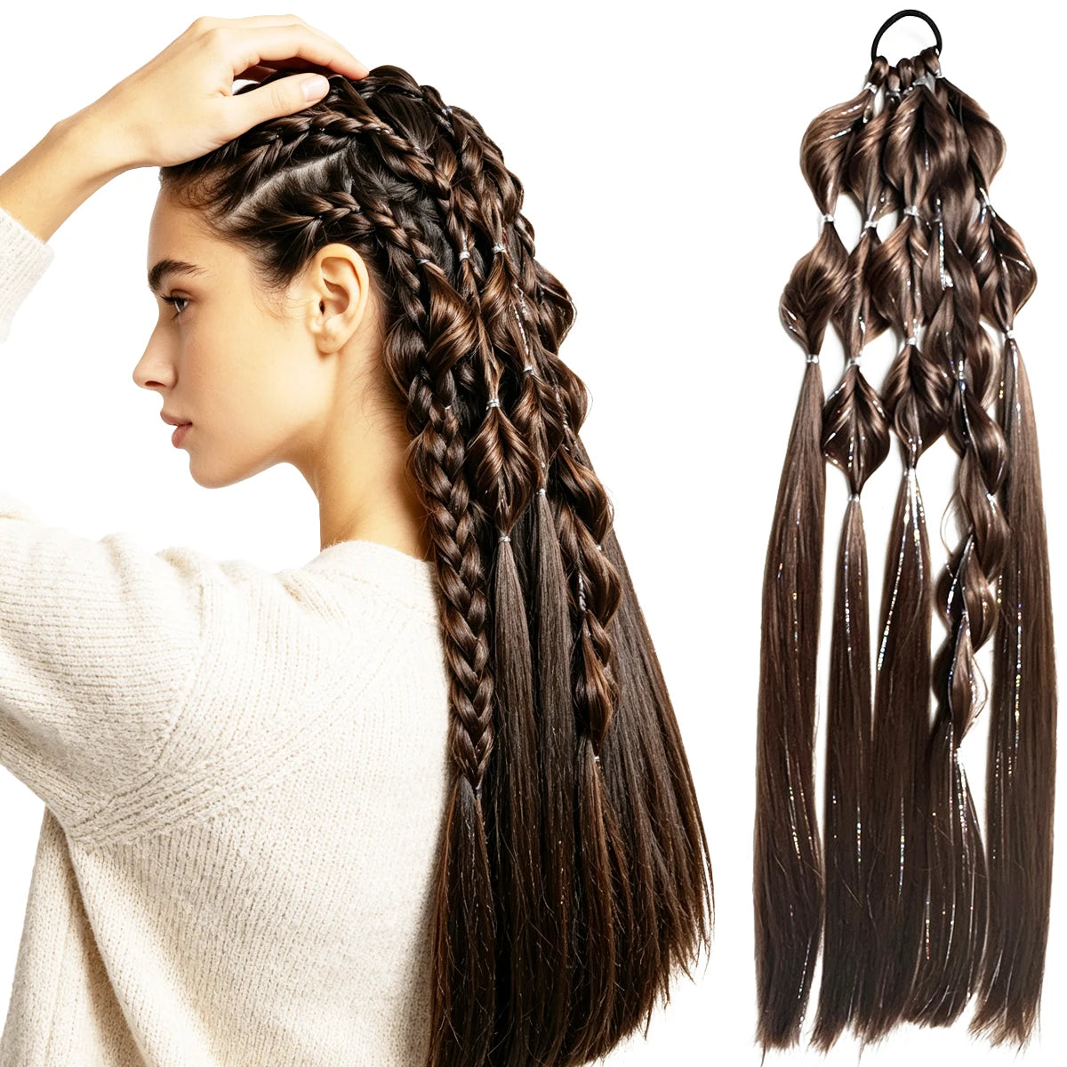 Synthetic 24-inch Bubble Lantern Braided Ponytail Hair Extension with Silver Glitter Wire