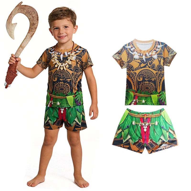 Maui Kids Cosplay 2Pcs Print Moana Boys Swimsuits Top and Shorts Children's Swimwear Book Week Costumes