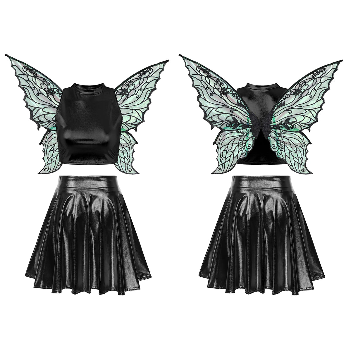 Festival Fairy Cosplay Costume Sleeveless Crop Top, High Waist Flared Skirt And Butterfly Wings Set