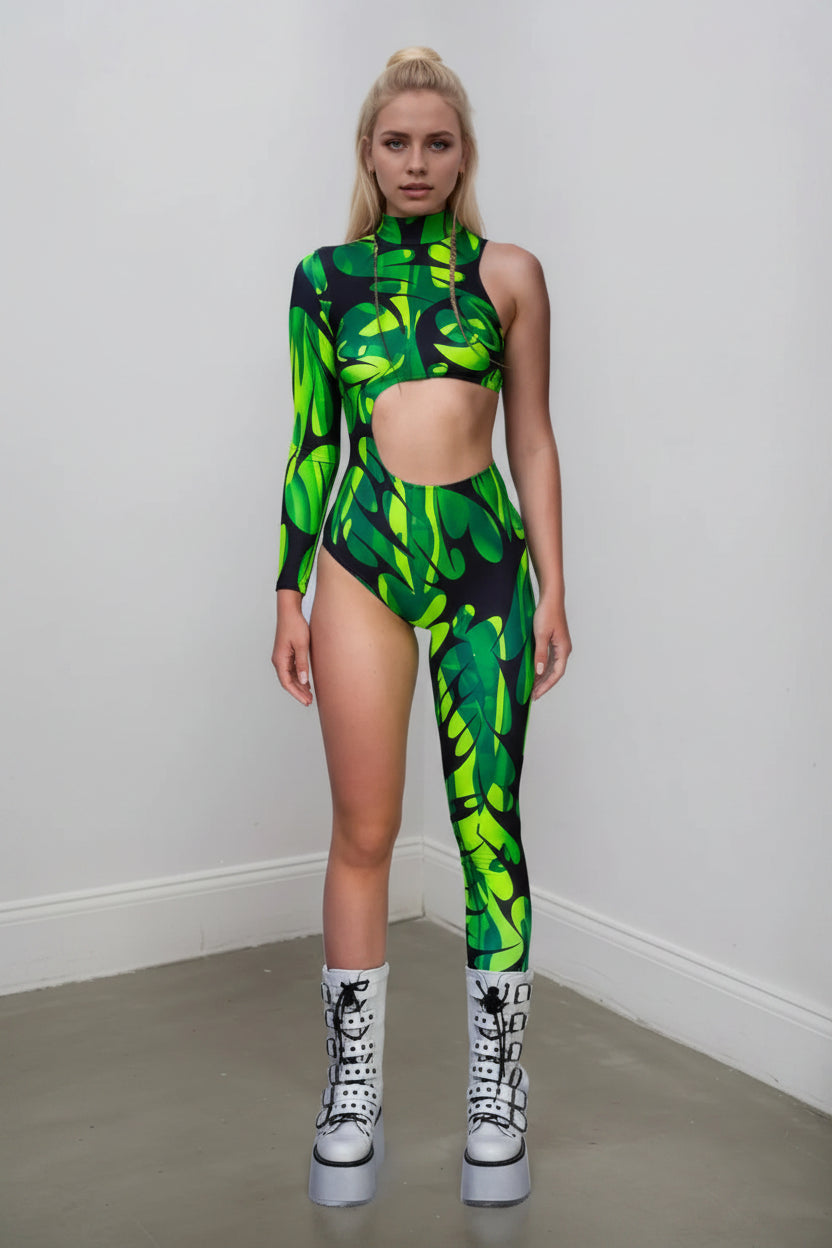 Asymmetrical Women Cyberpunk Bodysuit Costume Colourful Jumpsuit Cosplay Halloween Party Performance Suit