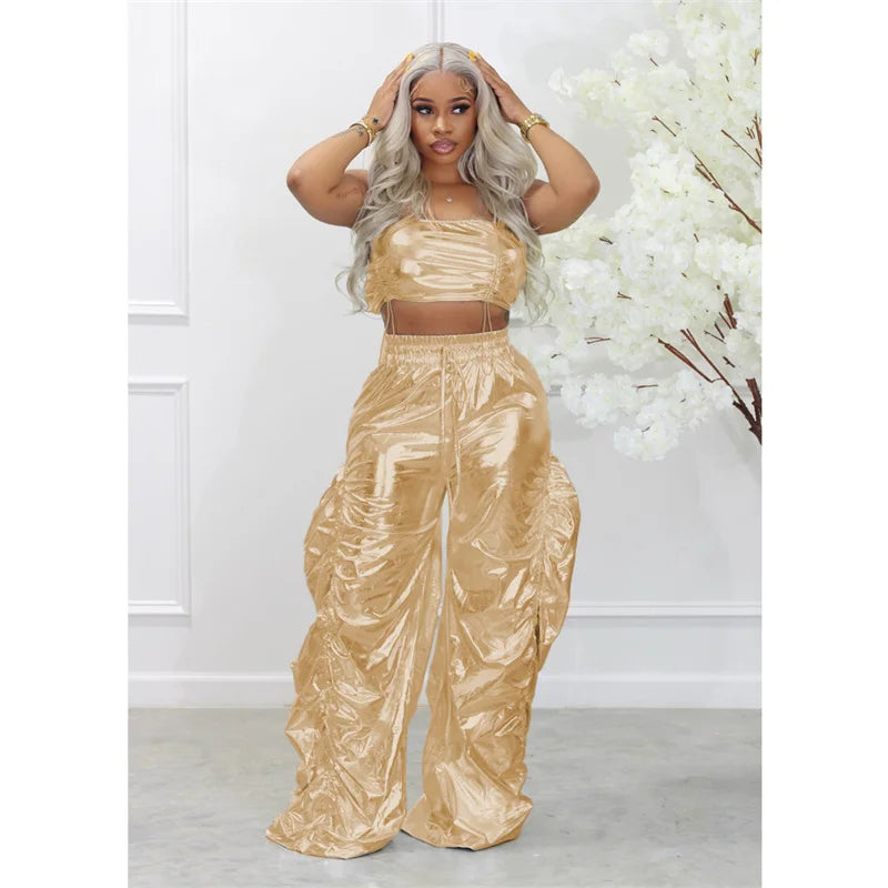 Gold Sliver Metallic Two Piece Sets Crop Top and Pants Streetwear Hip Hop Rave Festival Outfit