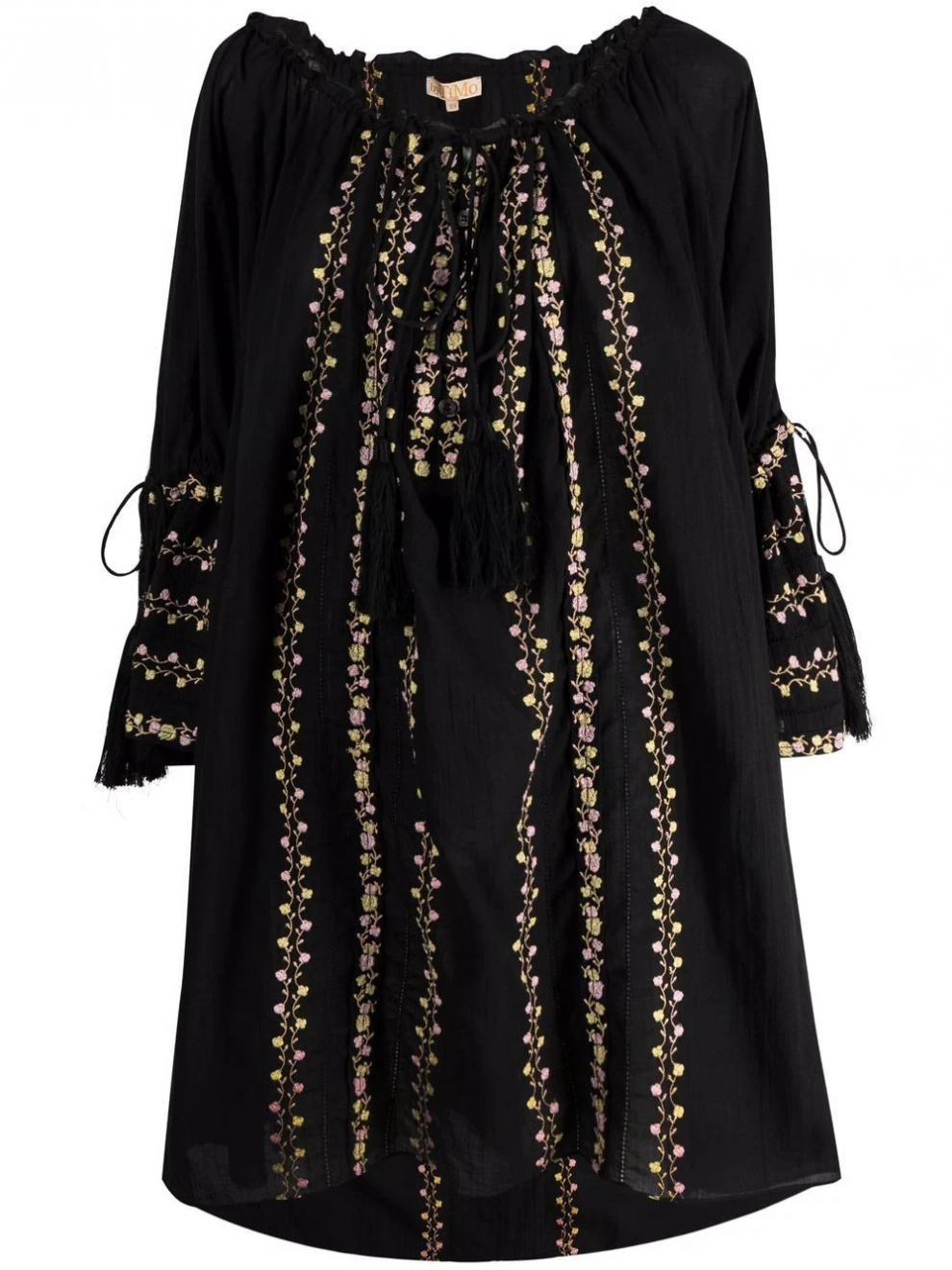 Winnie's Black Embroidered Long Sleeve Cotton Boho Dress