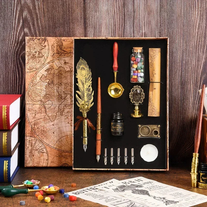 Golden Feather Quill Pens Set Dip Fountain Pens Ink Stationery Writing Gift Box Sets