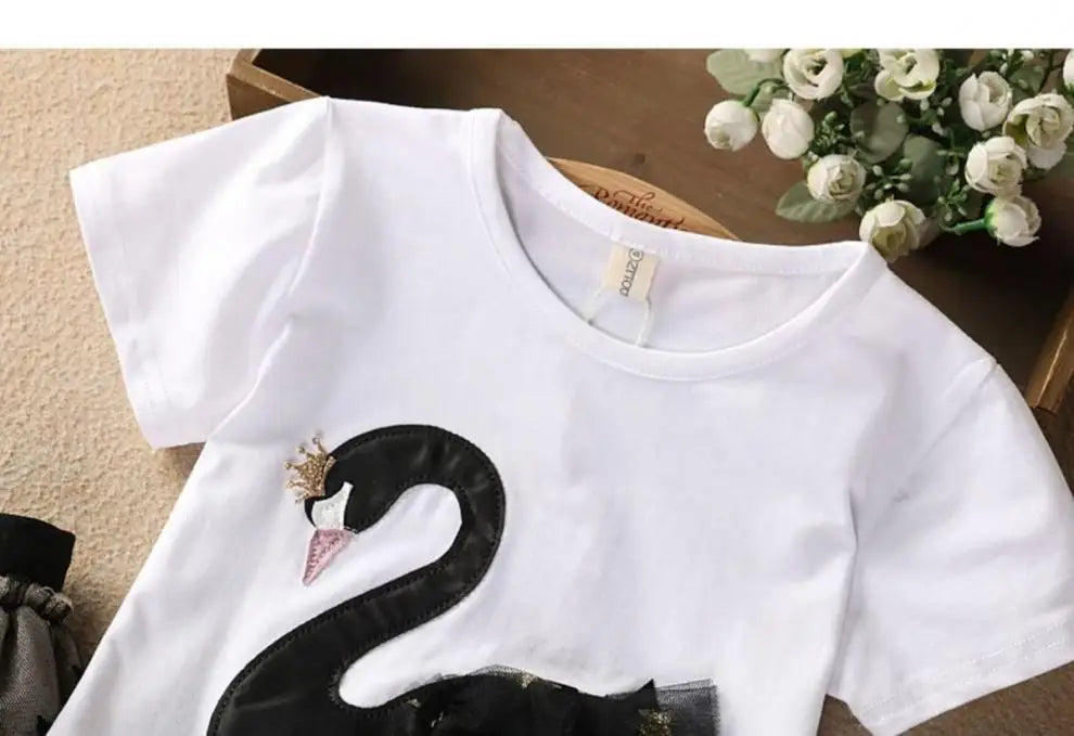 Swan T-Shirt+Sequin Skirts 2Pcs Baby Girls Clothing Sets Cotton Outfits
