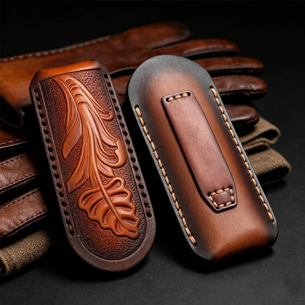 Hand‑Carved Genuine Leather Knife Sheath Belt Loop Protective Pouch for Small Folding Knives
