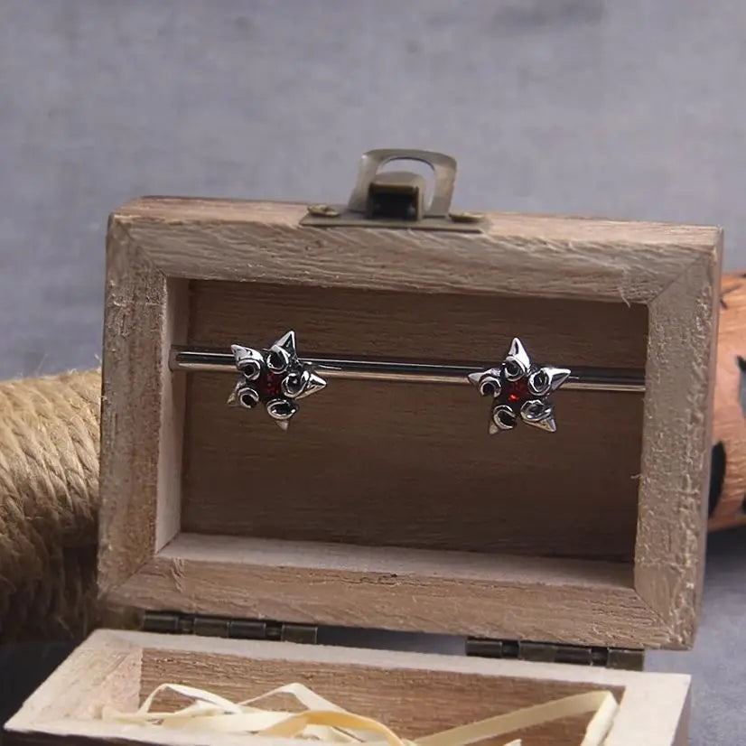Pentagonal Star Stainless Steel Stud Hoop Earrings for Men with Wooden Box
