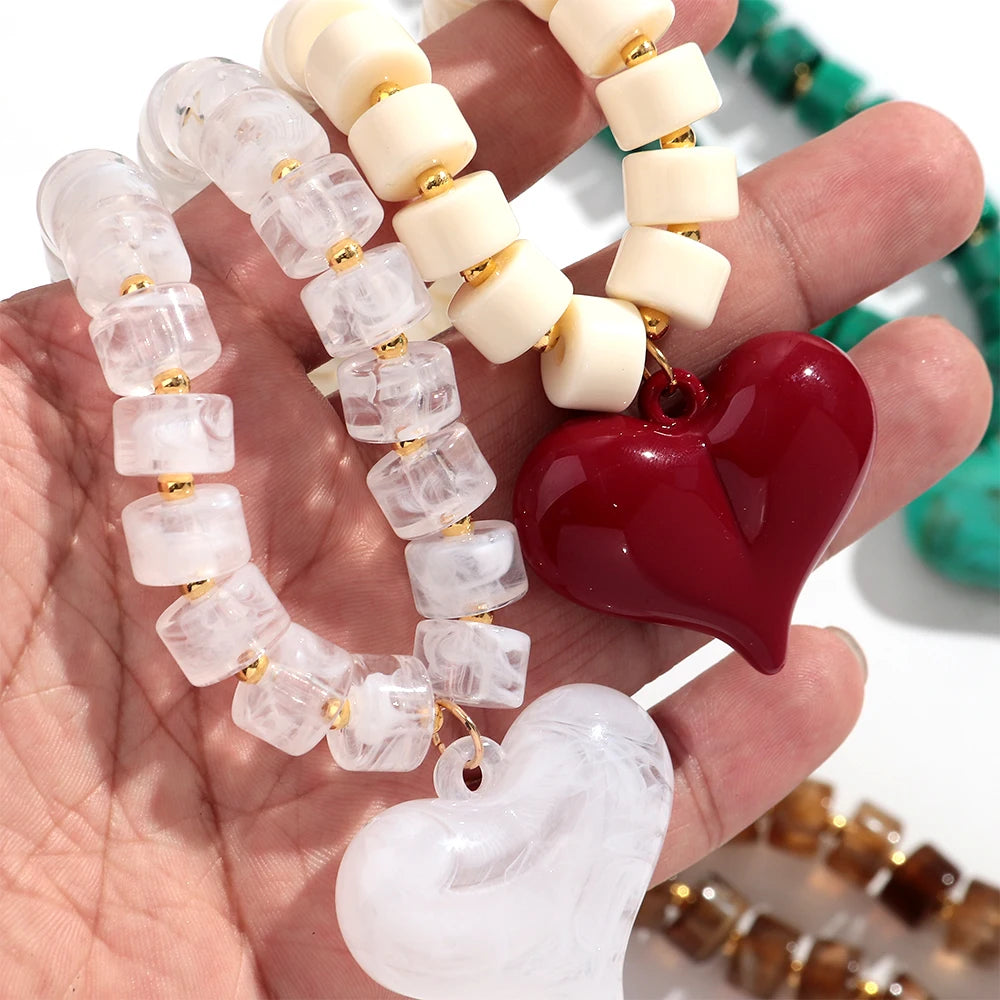Chunky Acrylic Heart Pendant Beaded Choker Necklaces