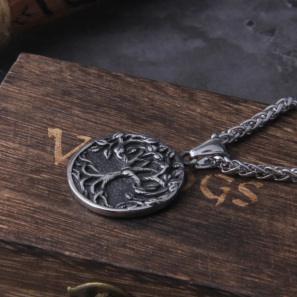 Tree of Life Amulet Stainless Steel Pendant Necklace with Wooden Gift Box