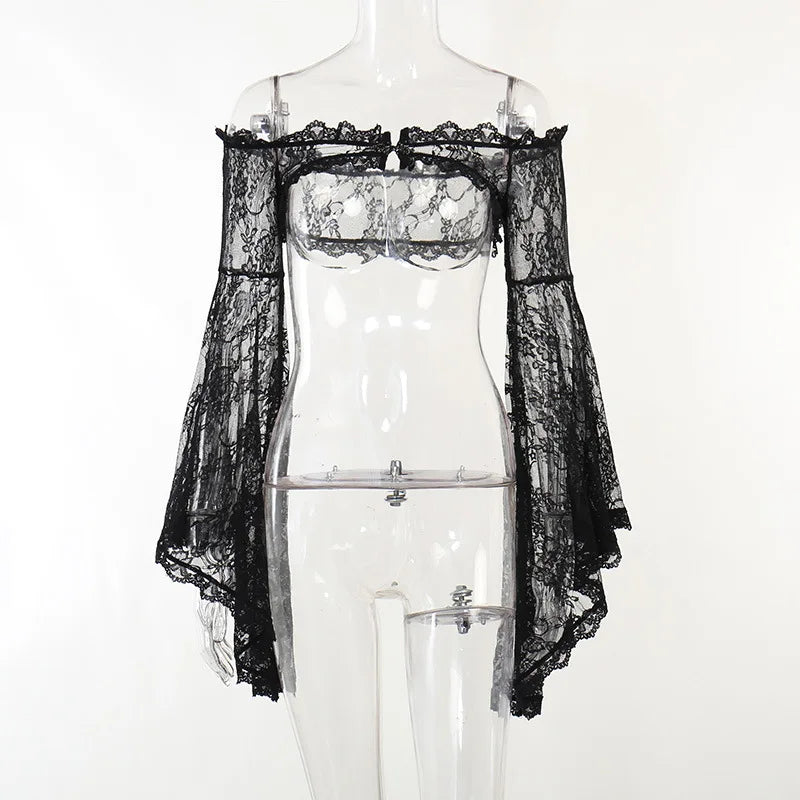 Dark Gothic Lace Long Flare Sleeve Overlay Shrug