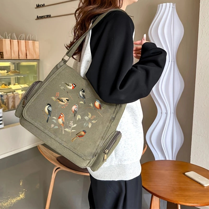 Bird Watcher Print Canvas Shoulder Bag Crossbody Messenger Bag