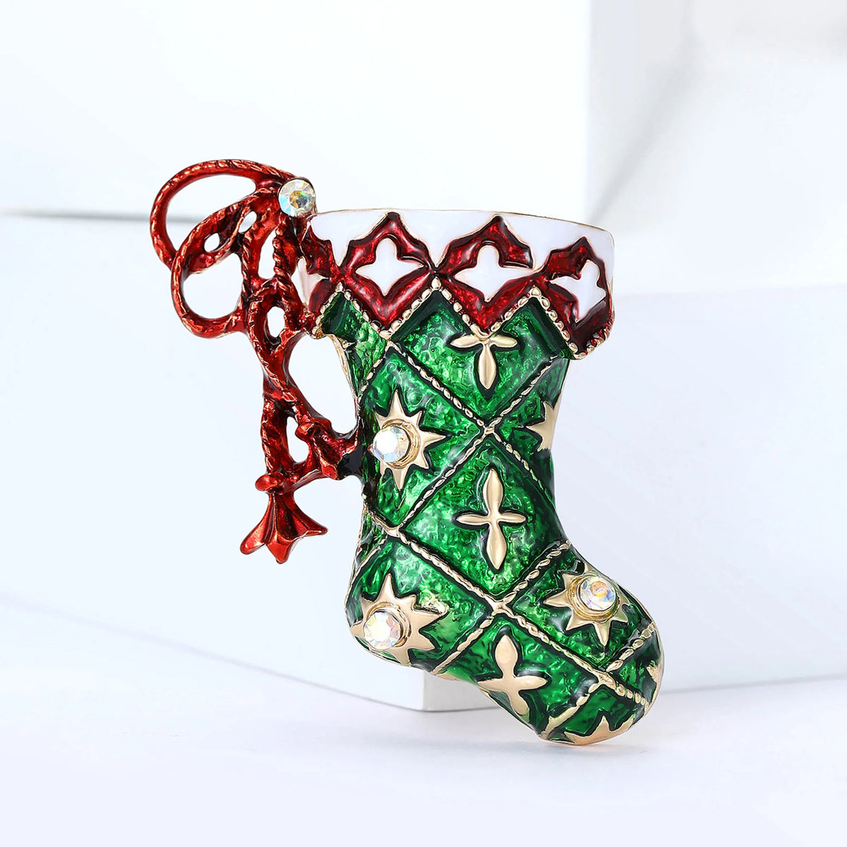 Green Christmas Stocking Enamel Brooch