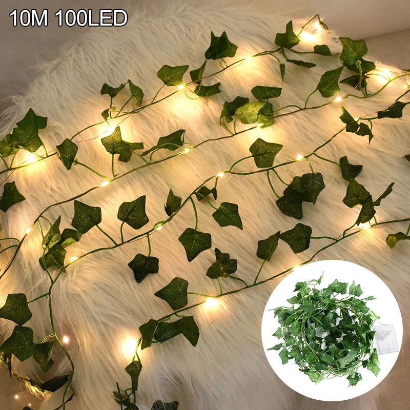 2/5/10M Silk Leaves Fake Creeper Green Leaf Ivy Vine LED String Lights Artificial Plants Decor