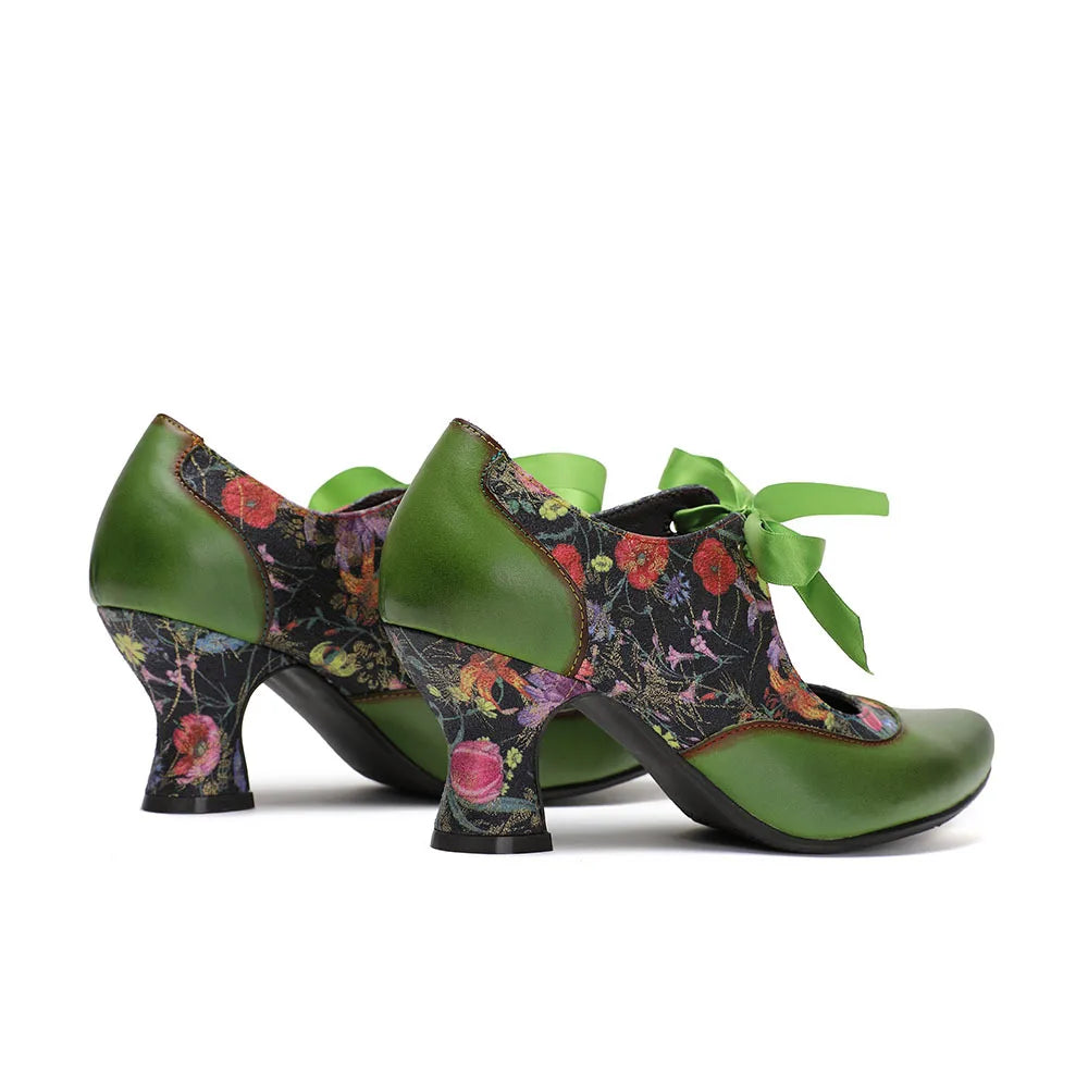 Sarah's Genuine Leather Green Pumps Heels Ribbon Lace Tie Shoes