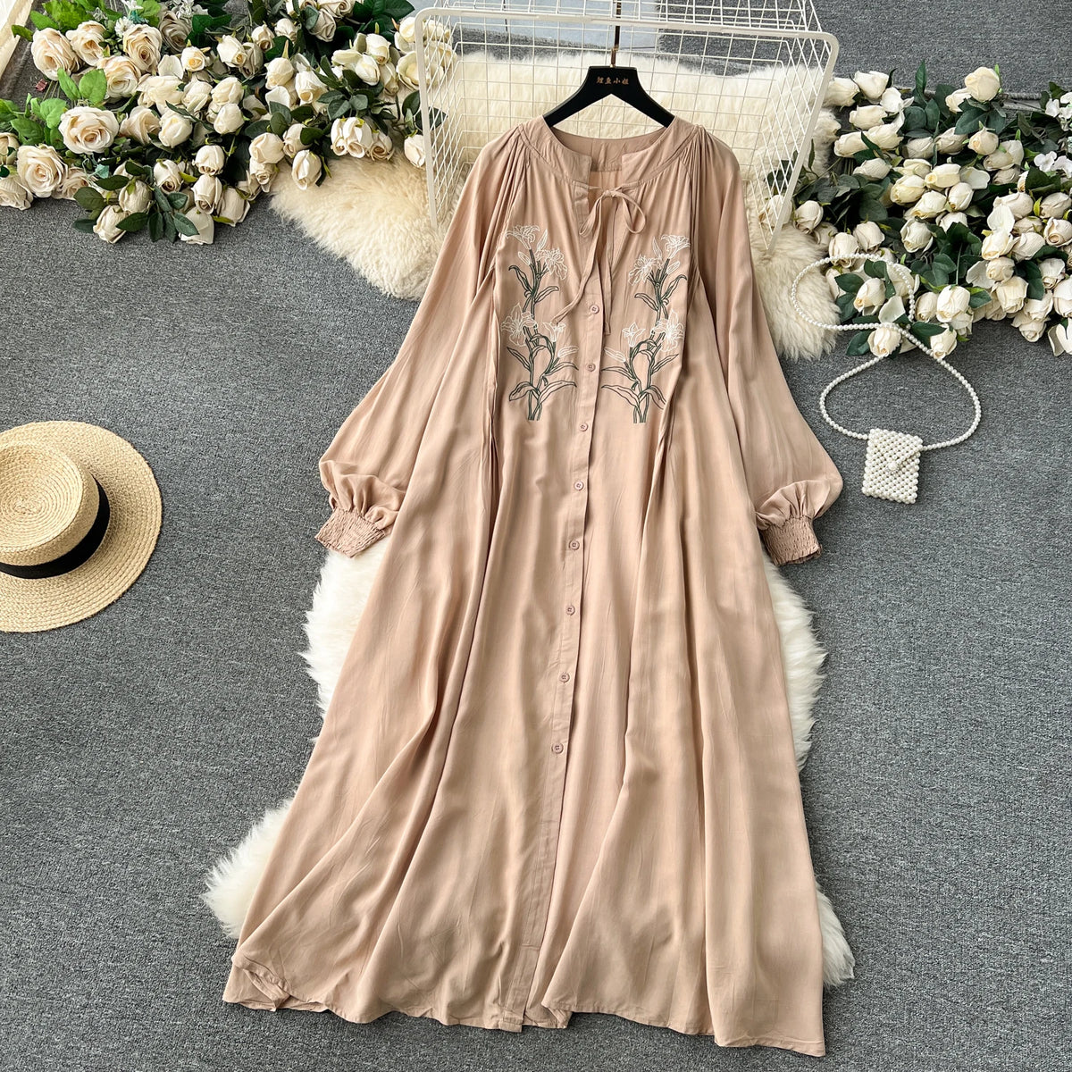 Olive's Embroidered Long Sleeve Shirt Dress