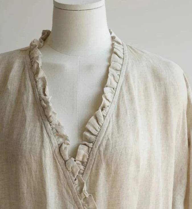 Evie's Vintage French Style Cotton Linen Dress Long Sleeveless Loose Wrap