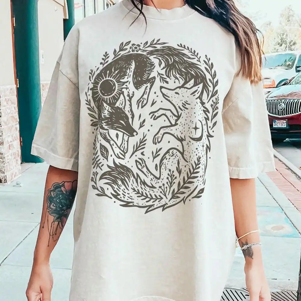 Fox Yin Yang Sun Moon T-shirt Mystical Animal Naturecore Tee Dark Academia