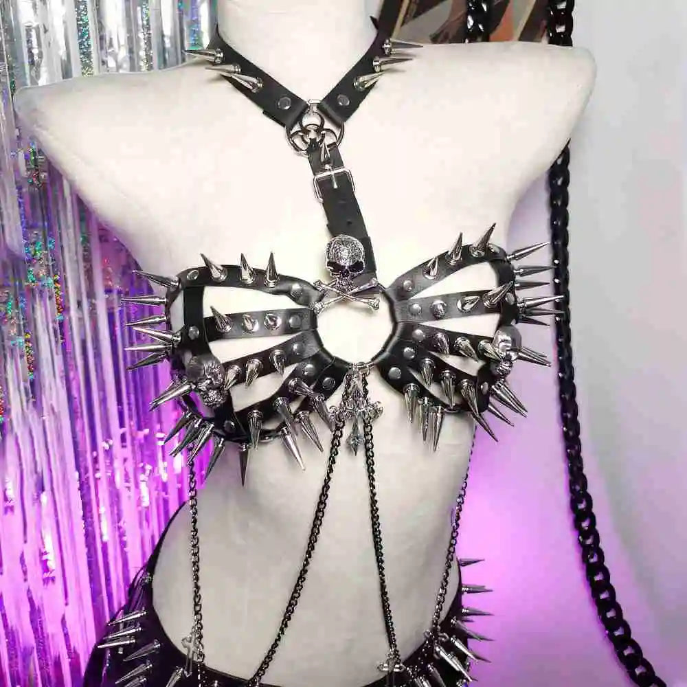 Spike Rivet Studded Goth Punk Rock Grunge Revival Skull Chest Harness