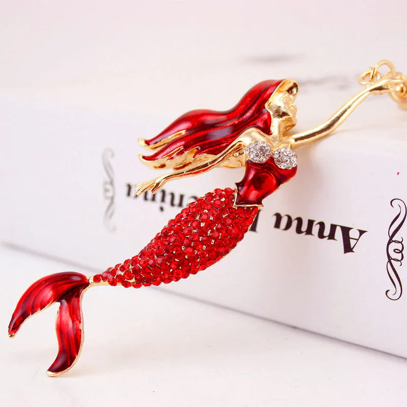 Mermaid Key Ring Enamel Crystal Purse Bag Buckle Pendant For Car Keyrings