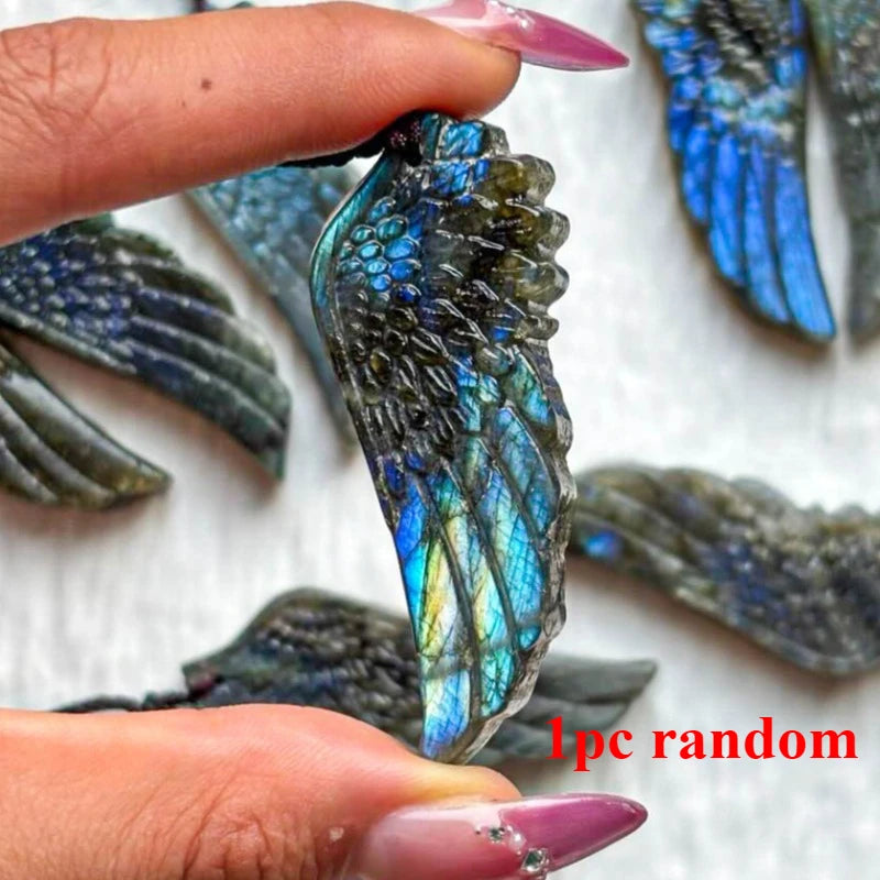 Labradorite Wing Pendant Necklace Adjustable Braided Cord Natural Iridescent Stone