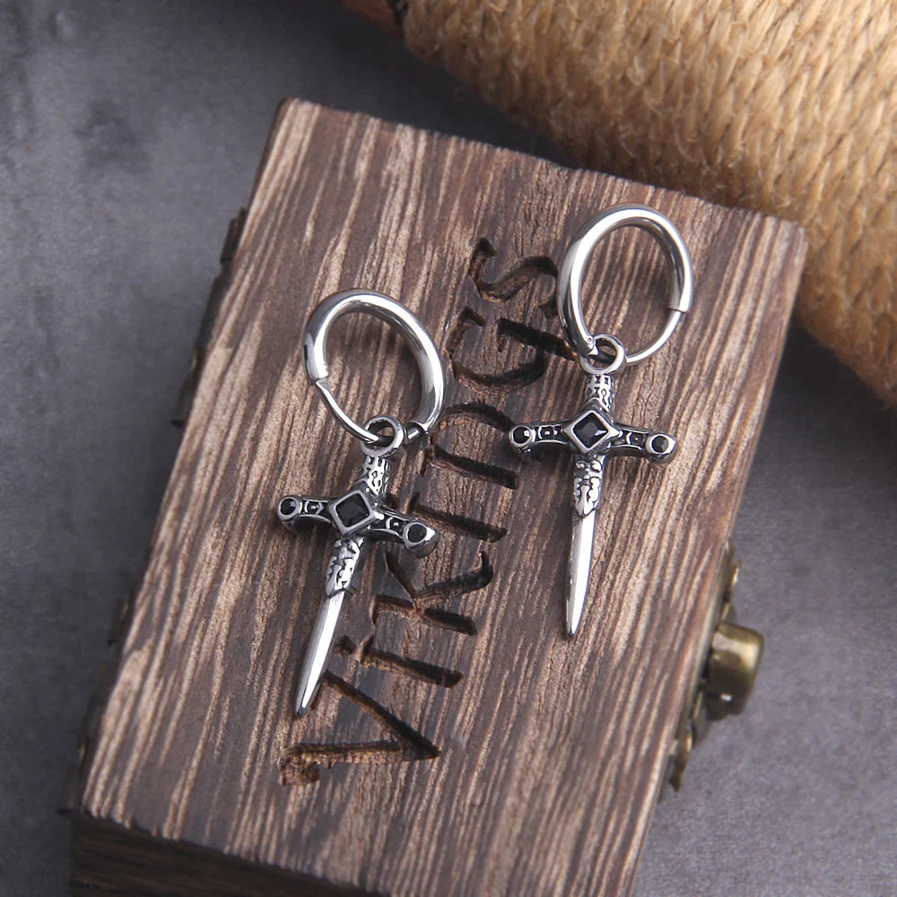 Gothic Dagger Sword Stainless Steel Huggie Hoop Earrings for Men with Wooden Box
