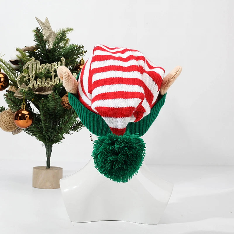 Christmas Elf Striped Beanies Hat Knitted Xmas Cap with Small Ears for Women Men