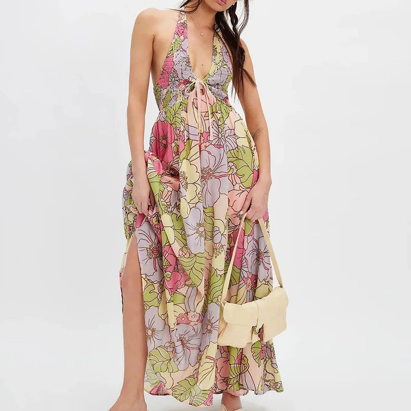 Summer's Floral Printed Halter Dress