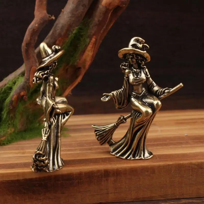 Brass Witch on Broom Figurine Tea Pet