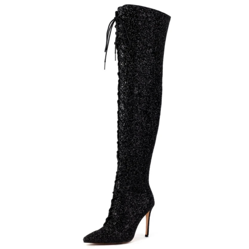 Gold Silver Red Lace-Up Over the Knee High Stiletto Boots