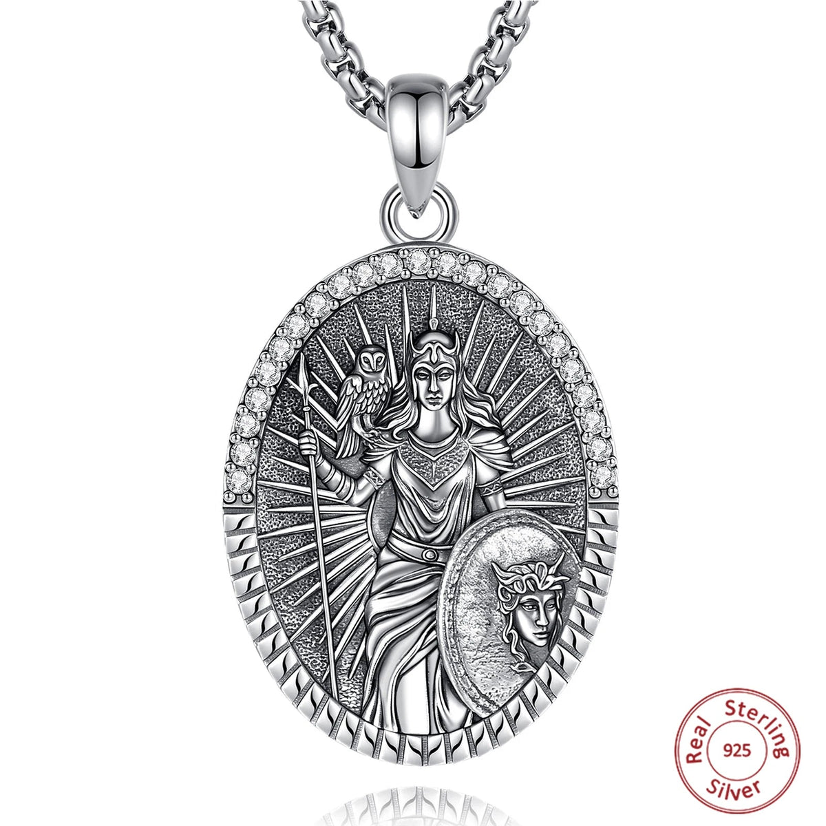 Goddess Athena Owl Pendant Necklace 925 Sterling Silver Cubic Zirconia Greek Mythology Jewellery
