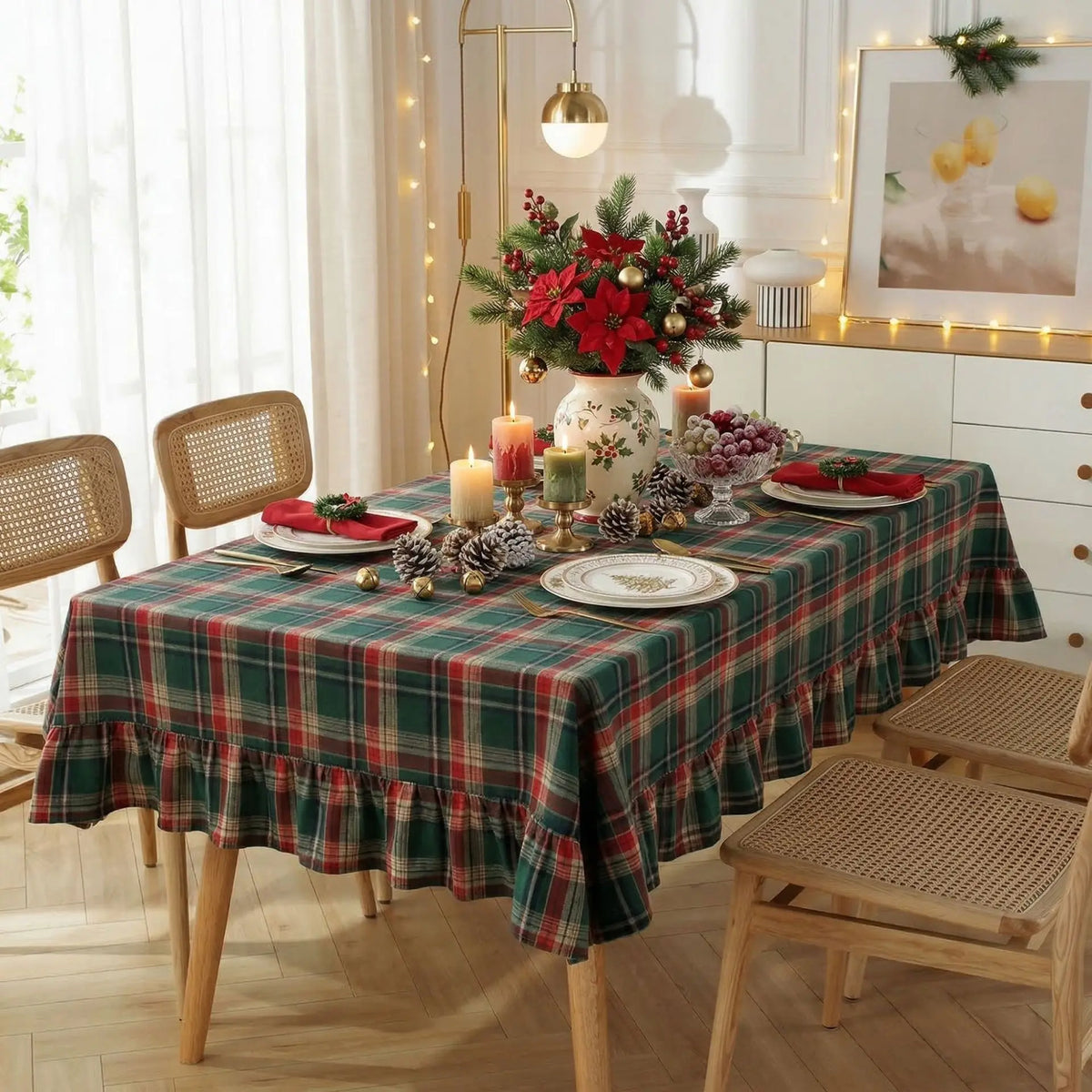 Christmas Plaid Ruffled Tablecloth Round and Rectangle Table Decoration