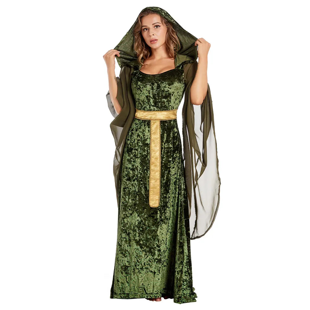 Mysterious Medieval Lady Cosplay Green Black Hooded Gown Renaissance Costume
