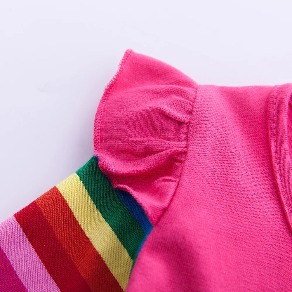 Girls' Long Sleeve Unicorn Dress Two Pockets Rainbow Sleeves
