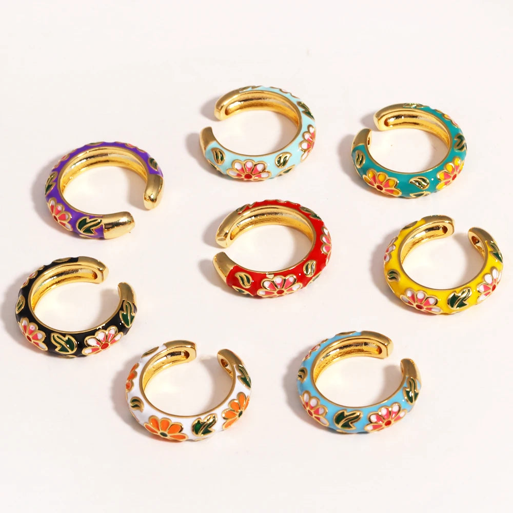 Vintage Boho Colourful Enamel Flower Rings