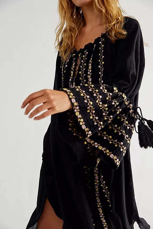 Winnie's Black Embroidered Long Sleeve Cotton Boho Dress