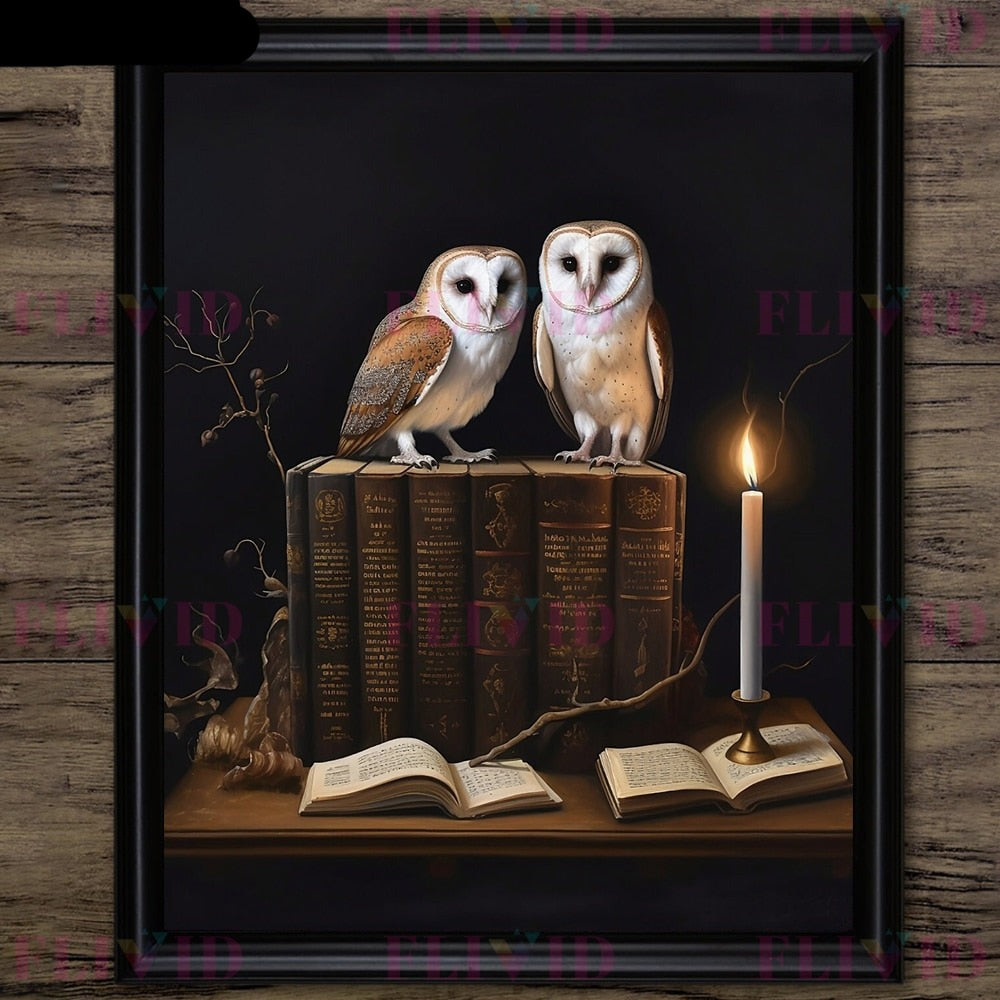 Black Raven And Magical Owl Gothic Wall Art Canvas Poster Prints Home Decor