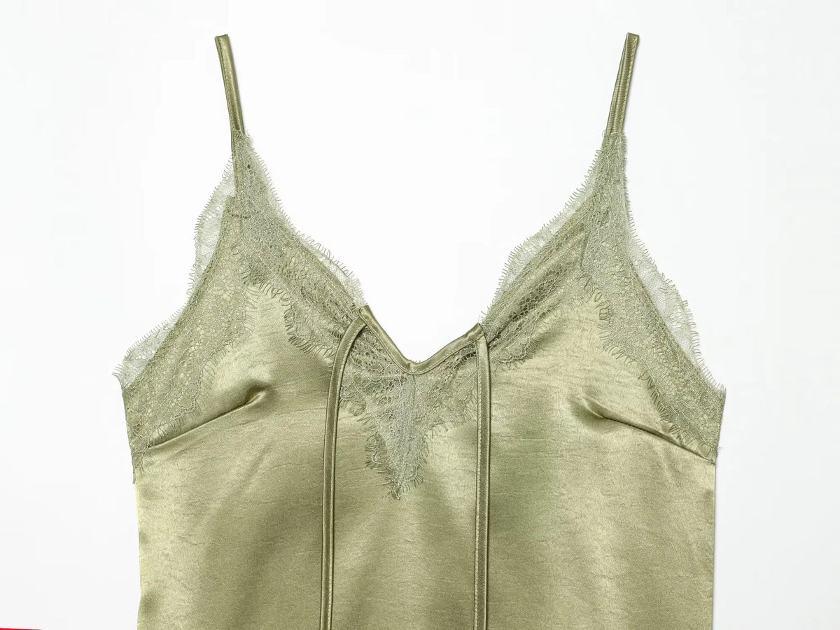 Y2k Asymmetrical Spliced Lace Satin Slip Long Camisole Top Layering Dress Side Slit Hem
