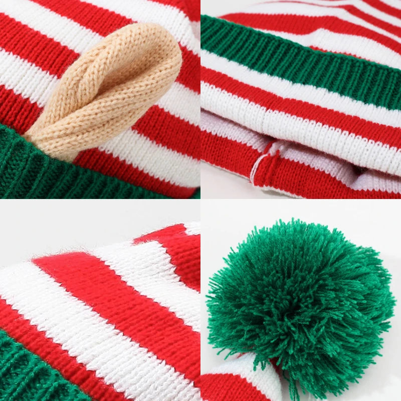Christmas Elf Striped Beanies Hat Knitted Xmas Cap with Small Ears for Women Men