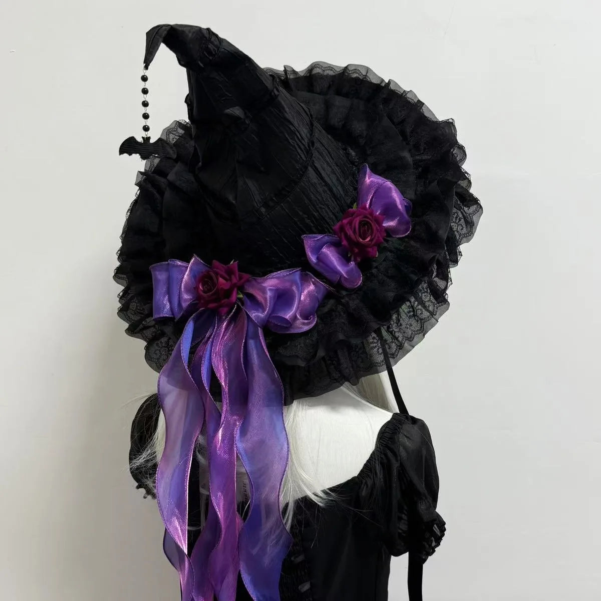 Gothic Witch's Hat Black Ruffled Lace Rose Bow Ribbon Halloween Party Cosplay Costume Props Decor