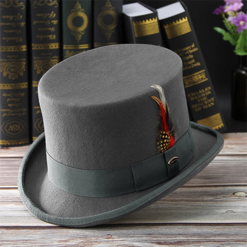 100% Wool Felt Short Top Hat With Feather