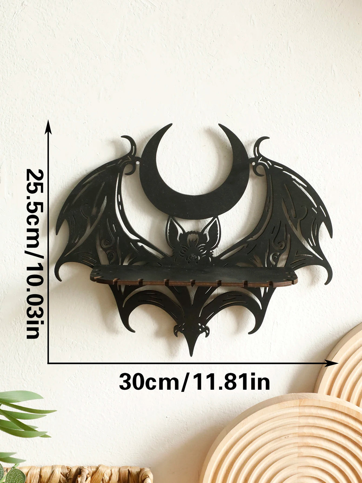 Black Gothic Bat Moon Wooden Floating Wall Shelf Shelf Crystal Display