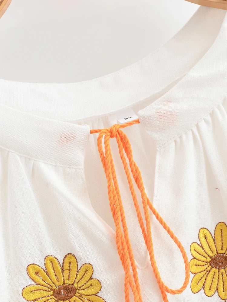 Sweet As Sunshine Vintage Sun and Floral Embroidered Linen Cotton Shirts Boho Tassel Blouse