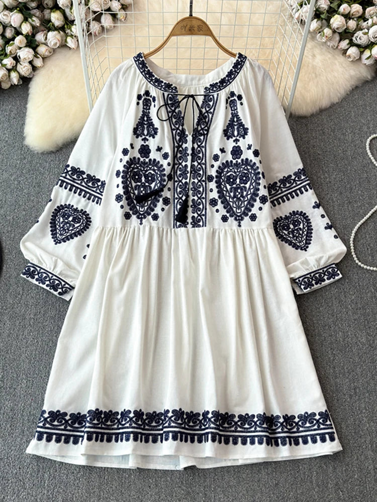 Georgia's Embroidered Boho Cotton Linen Long Sleeves Mini Dress