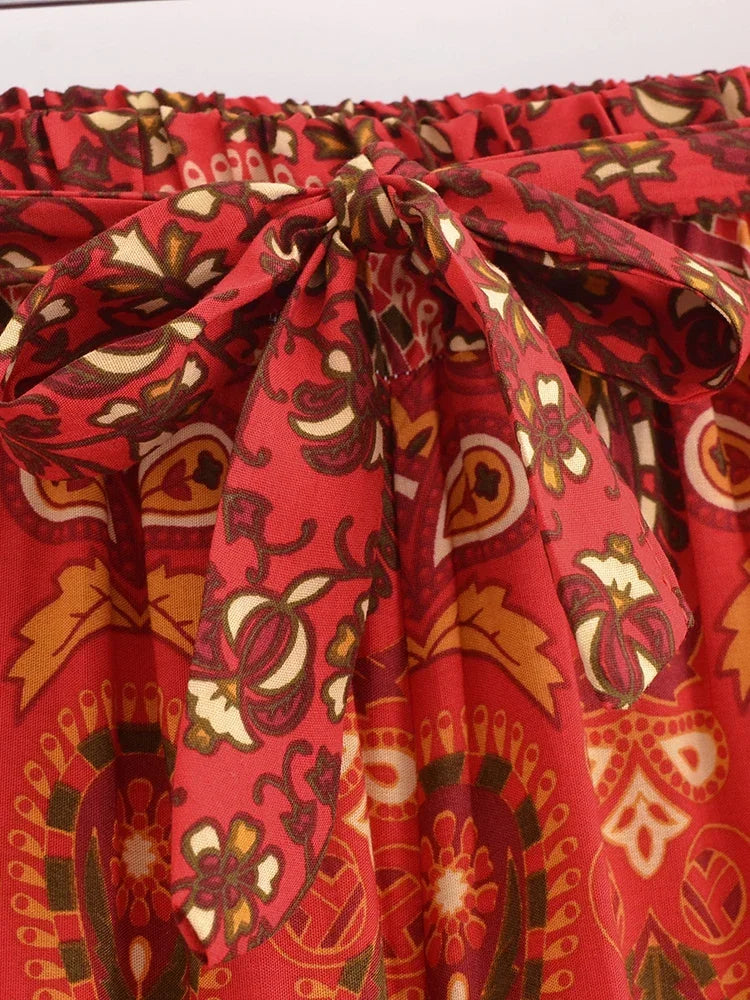 Nuri's Boho Red Floral Print Wide Leg Pants