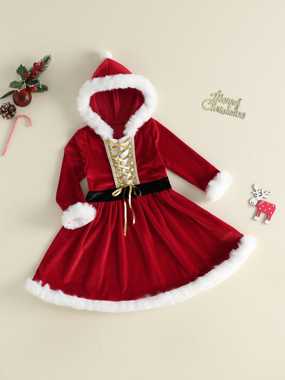 Girl Christmas Hood Dress 1-6Y Toddler Long Sleeves Cross Tie Winter Party Dress