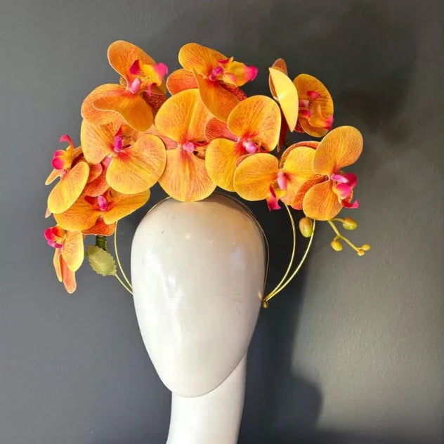 Orchids Fascinator Orange Hot Pink Race Season Headpiece