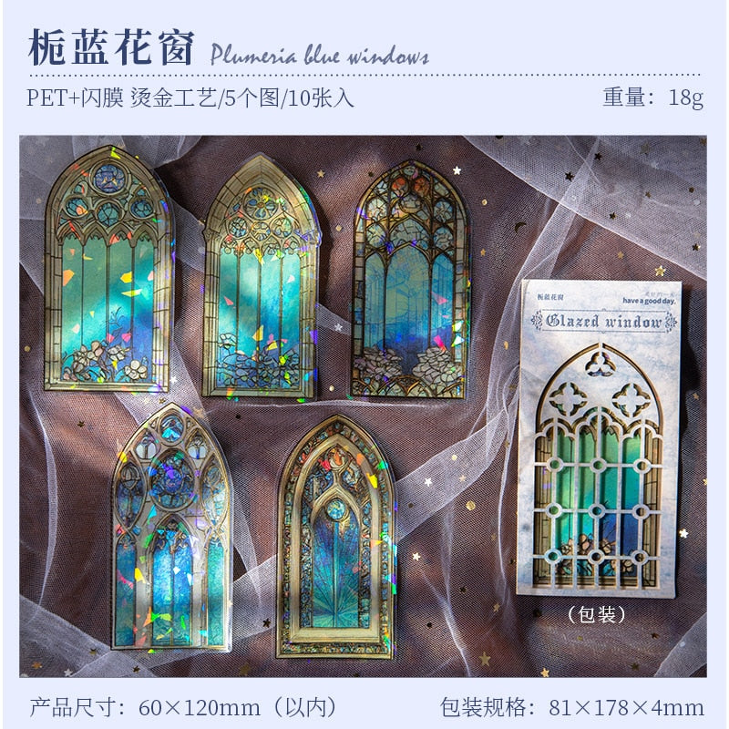 10Pcs Arched Stain Glass Window Series Decorative Waterproof Stickers Scrapbooking DIY Craft