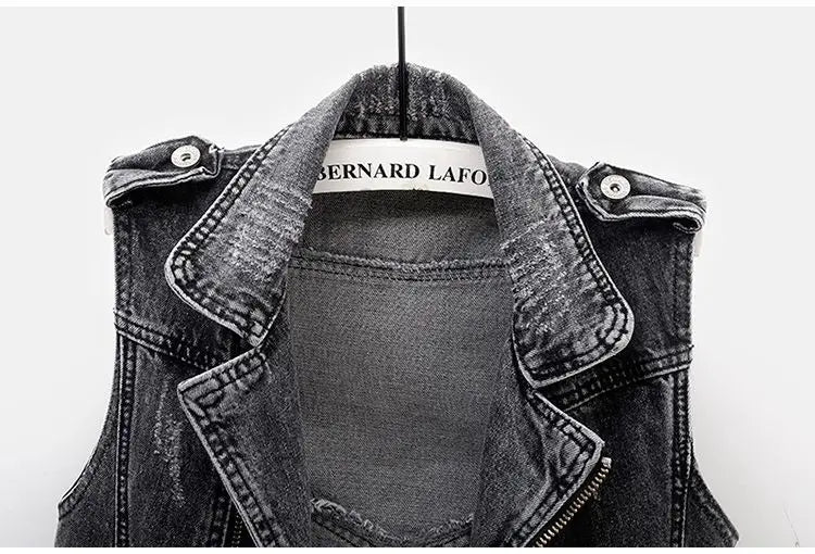 Black Denim Sleeveless Jacket Grunge Ripped Vest