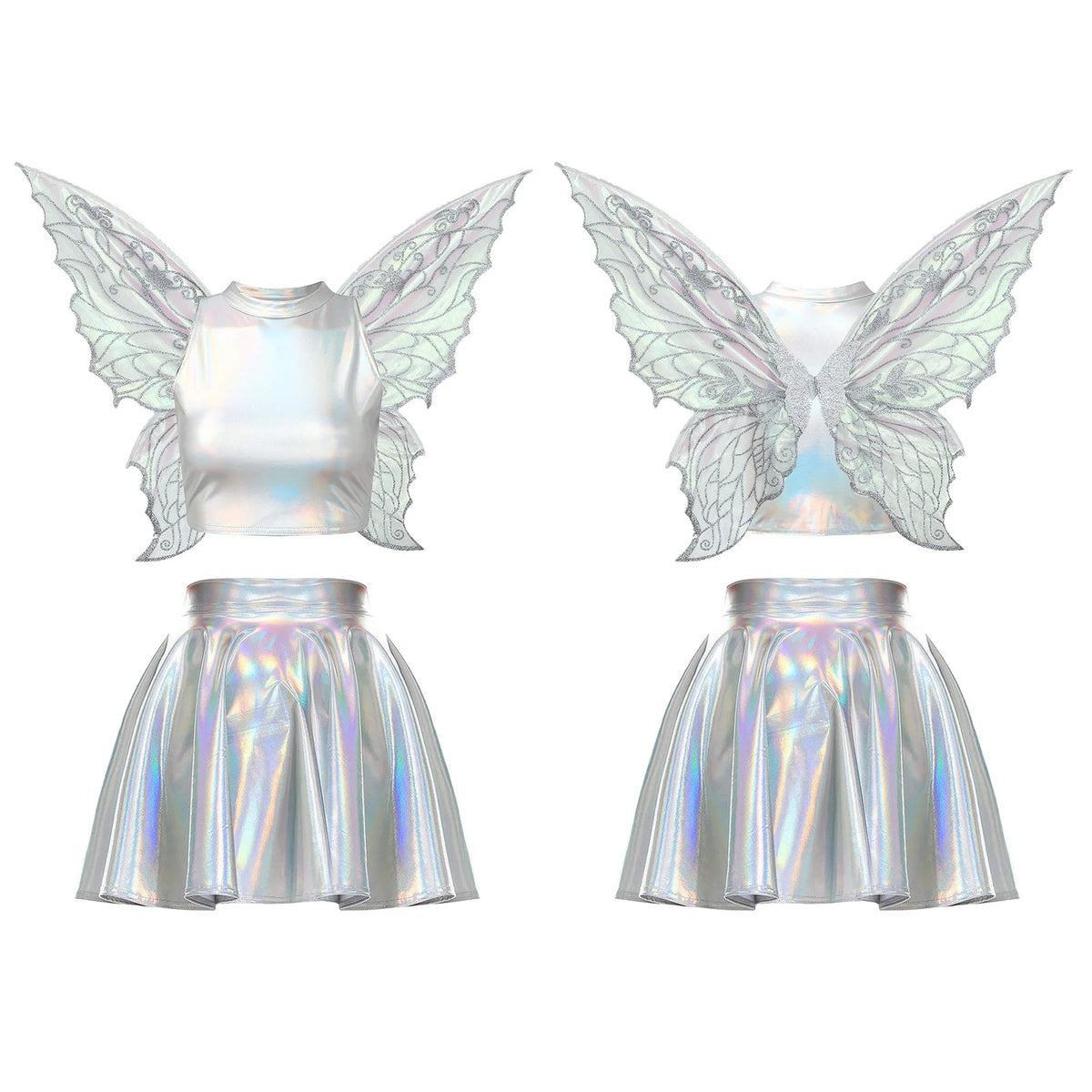 Festival Fairy Cosplay Costume Sleeveless Crop Top, High Waist Flared Skirt And Butterfly Wings Set